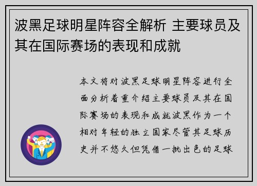 波黑足球明星阵容全解析 主要球员及其在国际赛场的表现和成就